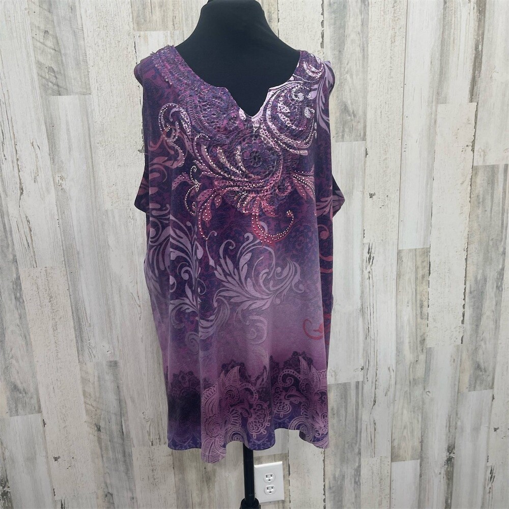 Catherines Tunic Top Womens Plus 2XL Purple Paisley Beaded sleeveless sku711